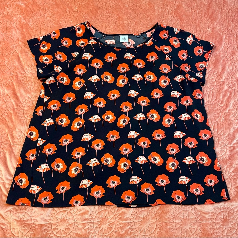 CAbi Black and Orange Poppies Top